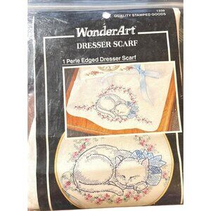 Vintage Perle Edged Dresser Embroidery Scarf Stamped Sleeping Cat Design ONLY